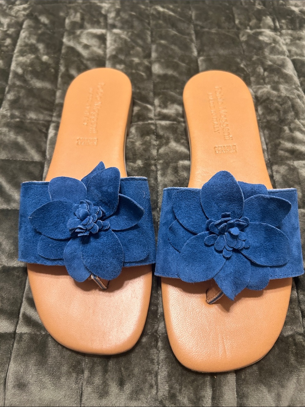 Women's Blue Suede Floral Slide Sandals